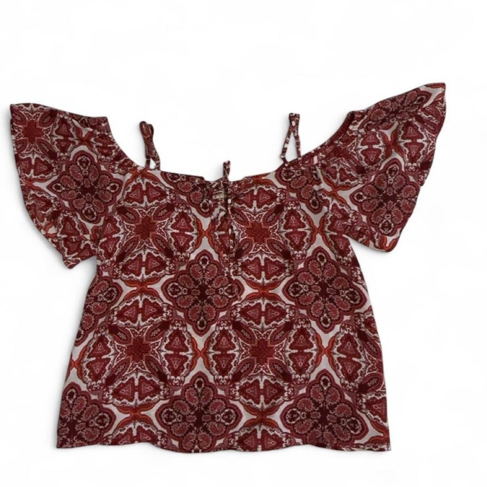 Lily White Cold Shoulder Top Women M Burgundy Medallion Paisley Lace Up